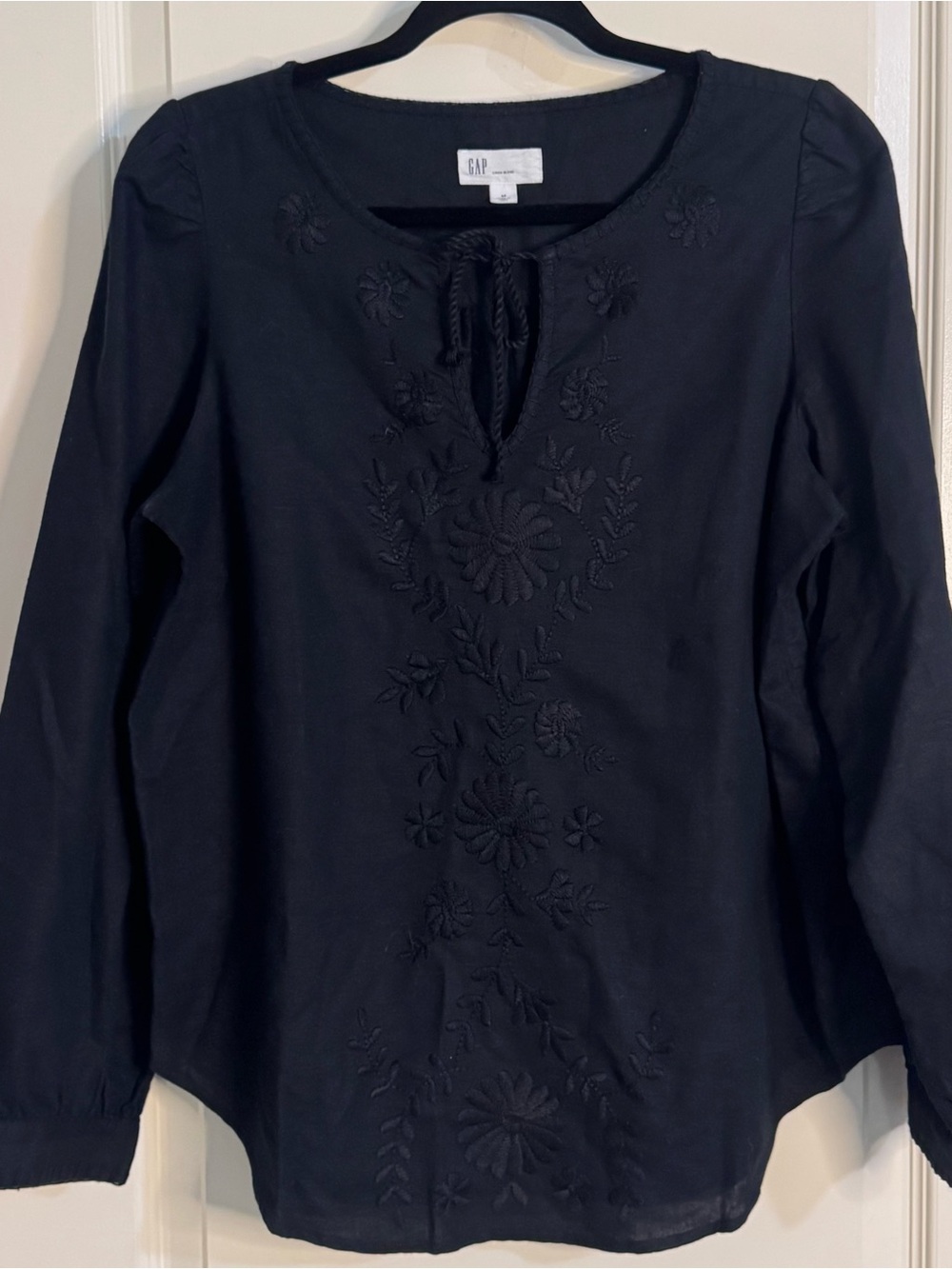 GAP Black Embroidered Tie-Neck Peasant Blouse